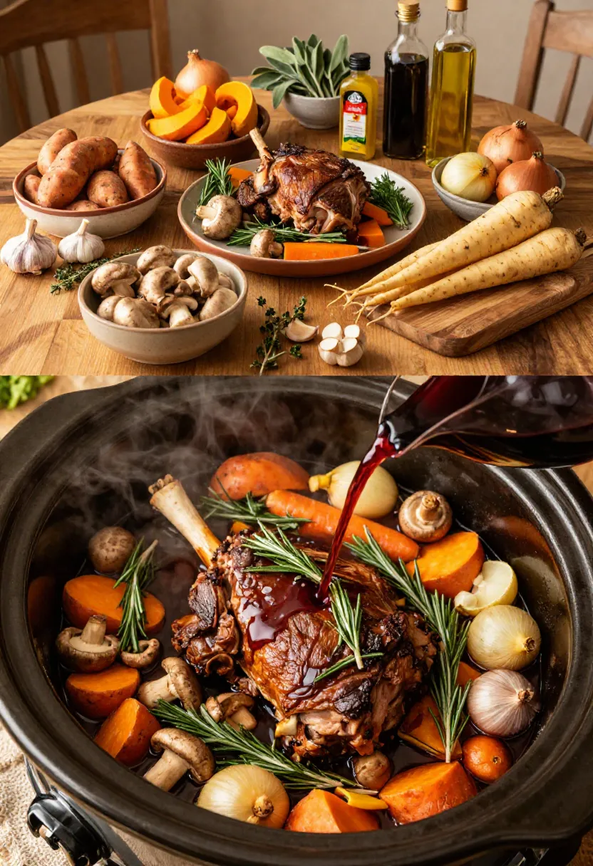 Slow Cooker Roast Lamb with seasonal vegetables and creative serving variations on rustic dinner plates.