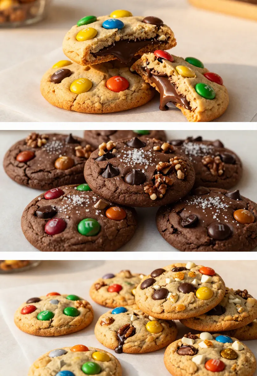 Vertical collage featuring classic, chocolate-nut, and seasonal variations of bakery-style Chocolate M&M Cookies.