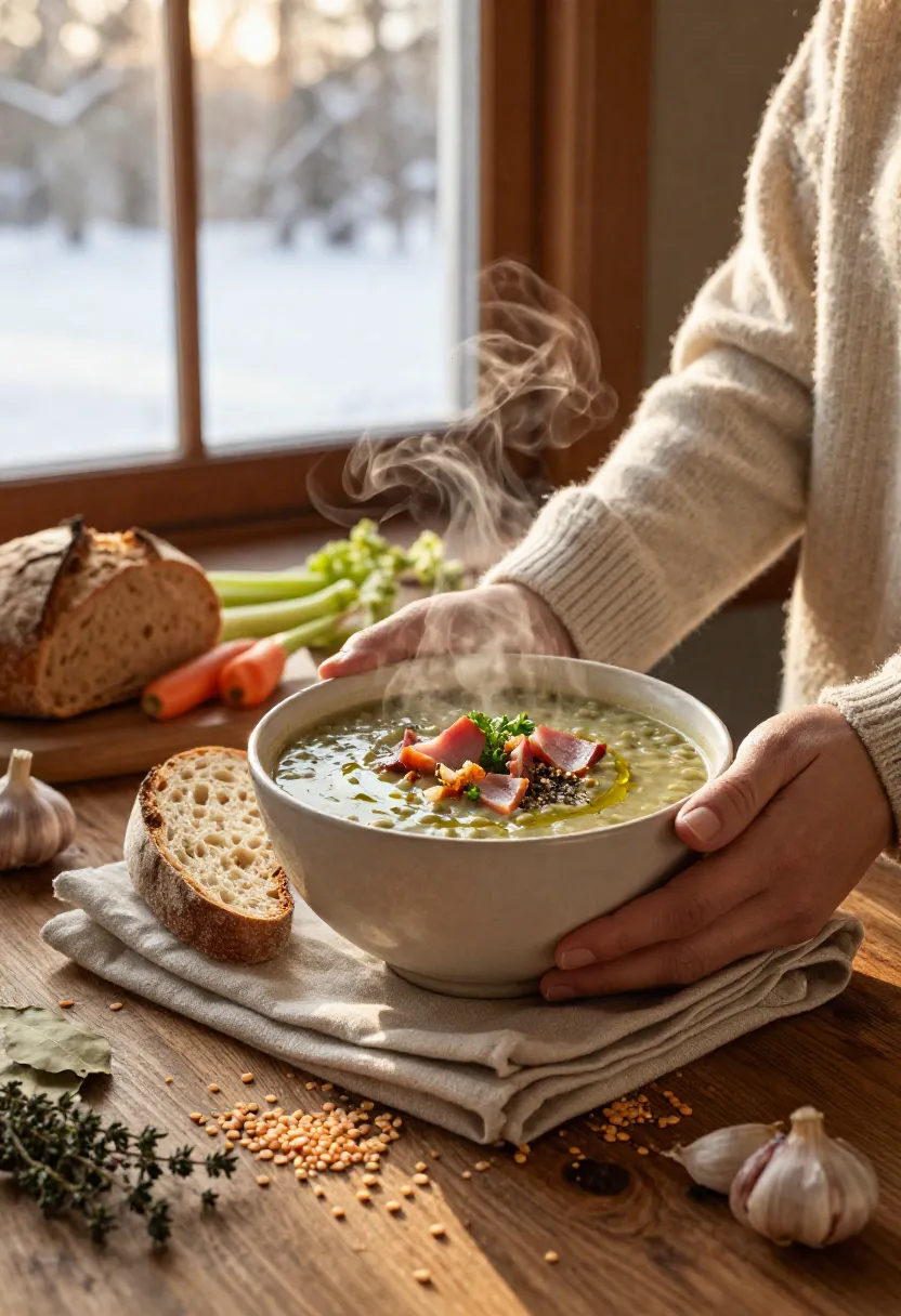 Hands cradle a steaming bowl of green lentil soup with ham and herbs on a wooden table, beside bread and vegetables in a cozy kitchen setting.