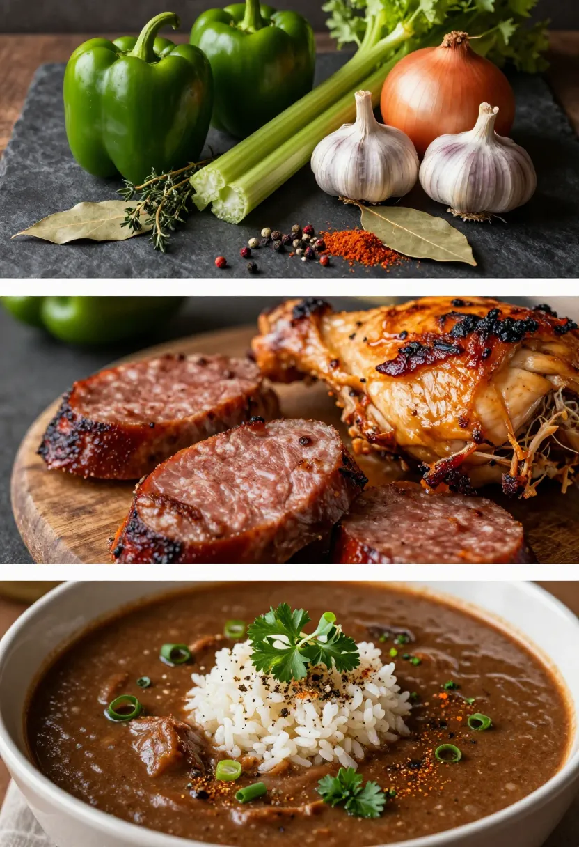 Fresh vegetables (green peppers, celery, onion, garlic) with herbs and spices; sliced smoked meat on a cutting board; curry with rice and parsley garnish.