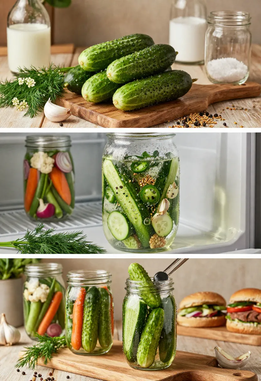 Vertical collage showing fresh cucumbers, the refrigerator pickling process, and crisp homemade pickles stored in clear glass jars.