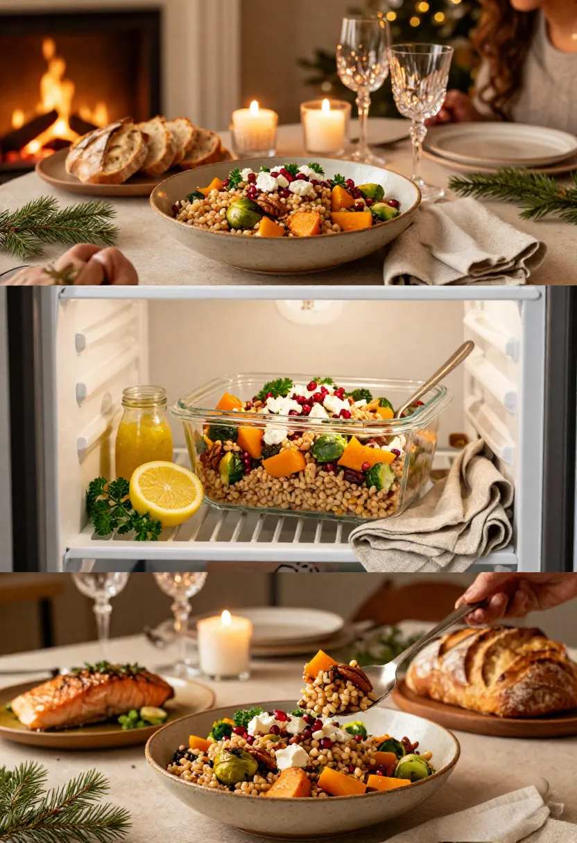 Vertical collage showing Winter Farro Salad served for a cozy winter dinner, stored for meal prep, and enjoyed as part of a seasonal family meal.