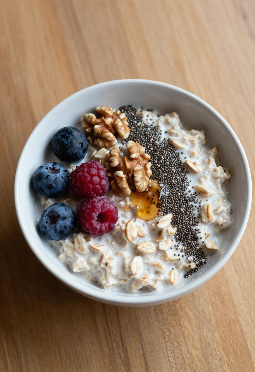 Bowl of overnight oats with yogurt, topped with blueberries, raspberries, walnuts, chia seeds, oats, and a drizzle of honey on a wooden table