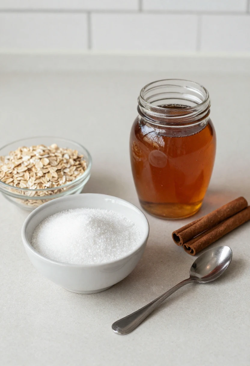 Real maple syrup and white sugar side by side on a kitchen counter.