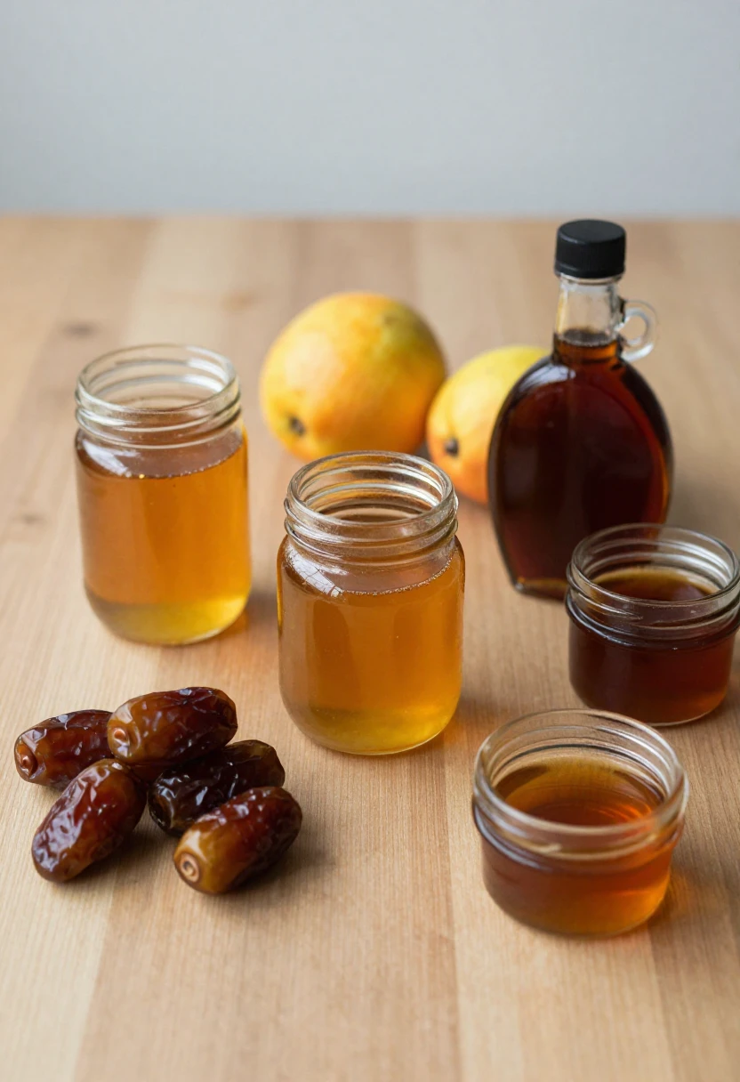 Assorted honey jars on a wooden table with dates and oranges in the background.
