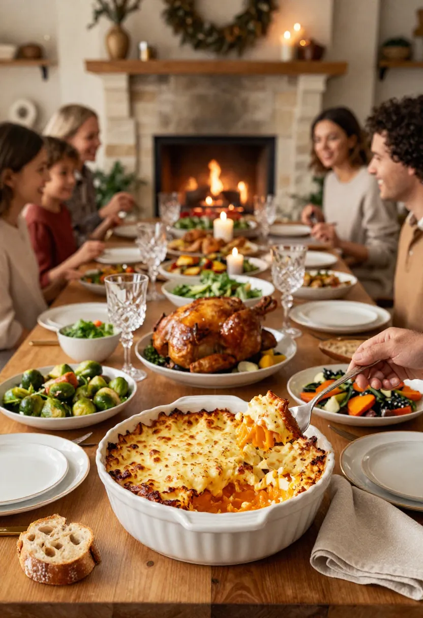 Savory sweet potato casserole as the centerpiece of a beautifully styled family dinner with a cozy fireplace in the background.