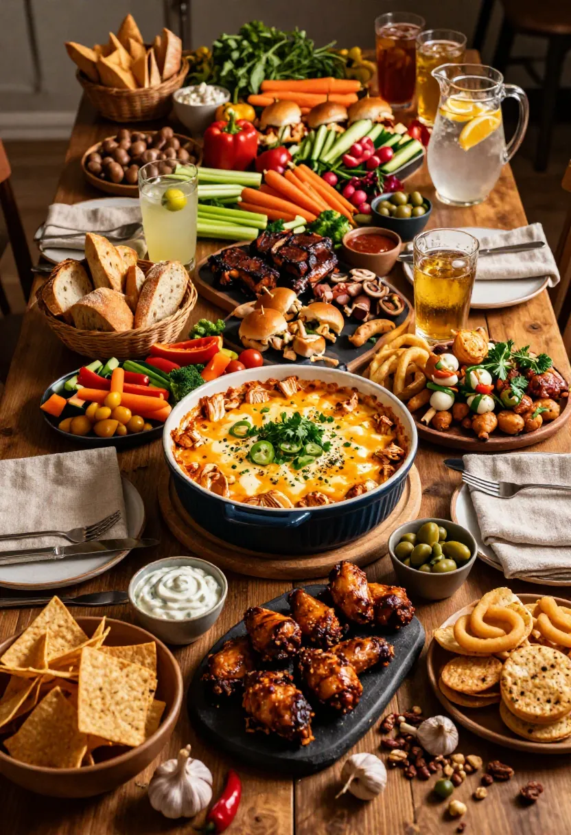 Skinny buffalo chicken dip as the centerpiece of a lavish party table surrounded by appetizers, fresh vegetables, artisan breads, and game-day snacks.