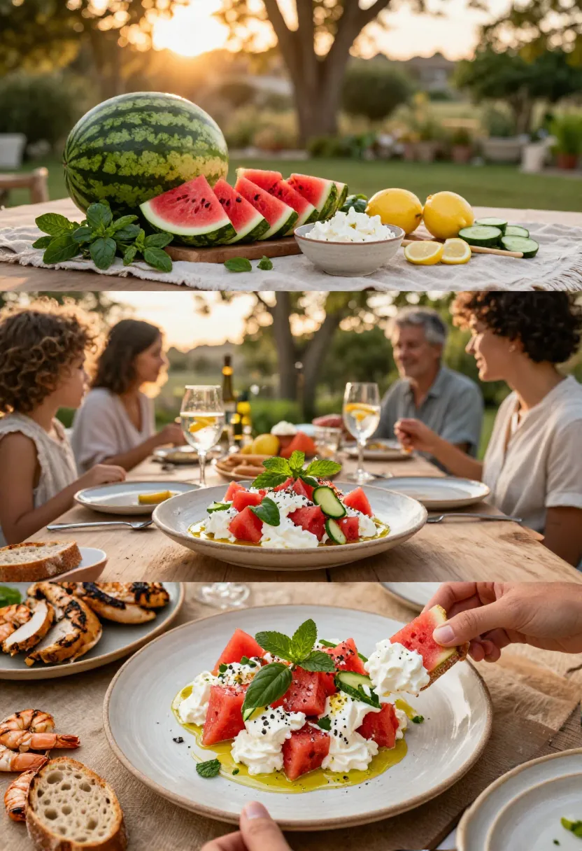 Vertical collage showing a summer outdoor table, Watermelon Salad with Whipped Feta as the centerpiece, and a relaxed gathering enjoying the final bites together.
