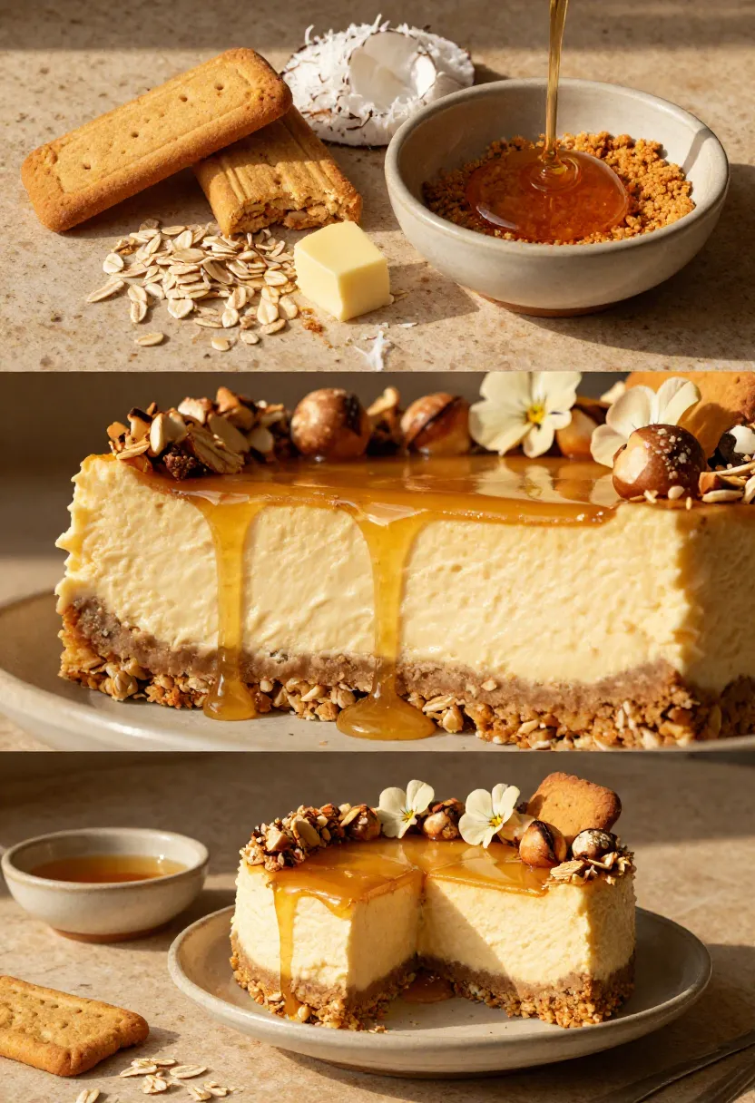 Vertical collage showing the ANZAC biscuit crust ingredients, the creamy cheesecake layers, and the finished Golden Syrup ANZAC Cheesecake with caramel topping and toasted coconut.