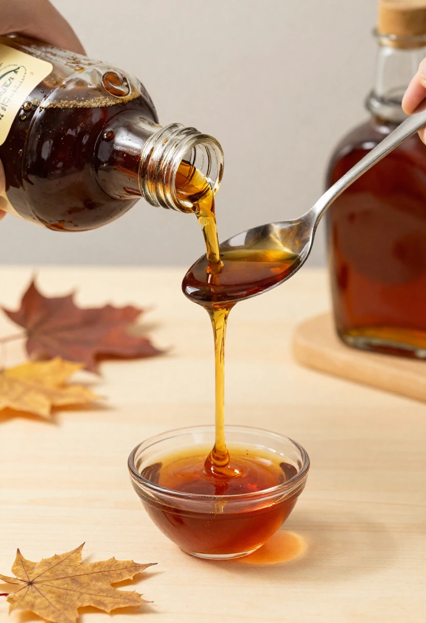 Pouring maple syrup from a bottle into a small glass bowl on a wooden table, with autumn leaves in the background.