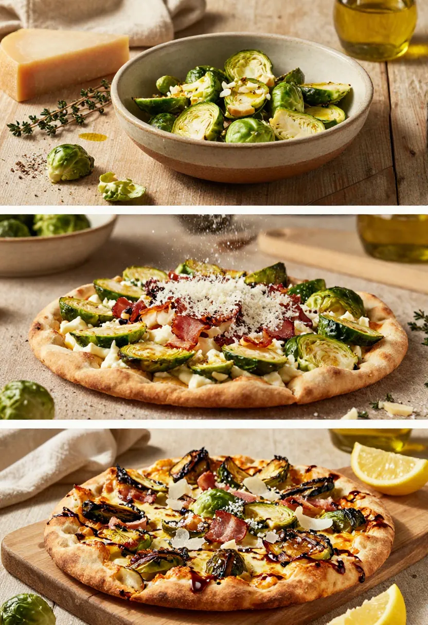 Vertical collage showing a cozy dinner with Brussels sprouts flatbread shared around a beautifully styled dining table.