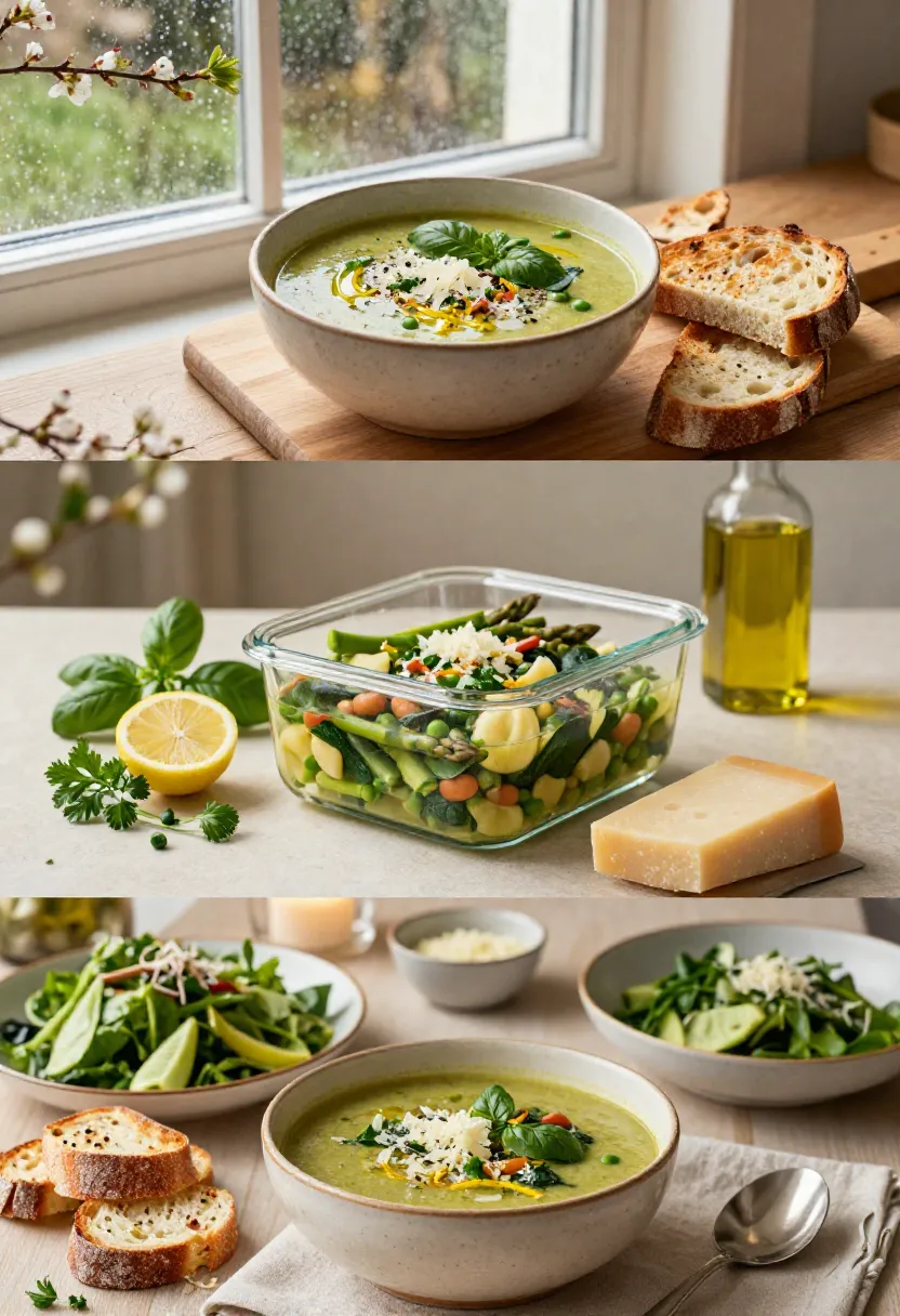 Vertical collage showing Green Minestrone Soup enjoyed on a rainy spring day, prepared for meal prep, and served as a cozy seasonal dinner.