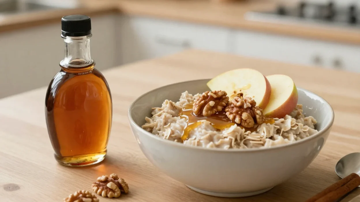 Real maple syrup with oatmeal, apples, walnuts, and cinnamon on a cozy kitchen table.