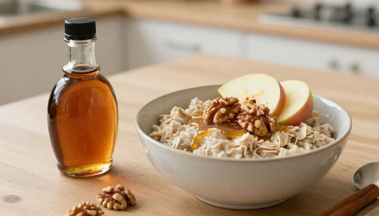 Real maple syrup with oatmeal, apples, walnuts, and cinnamon on a cozy kitchen table.