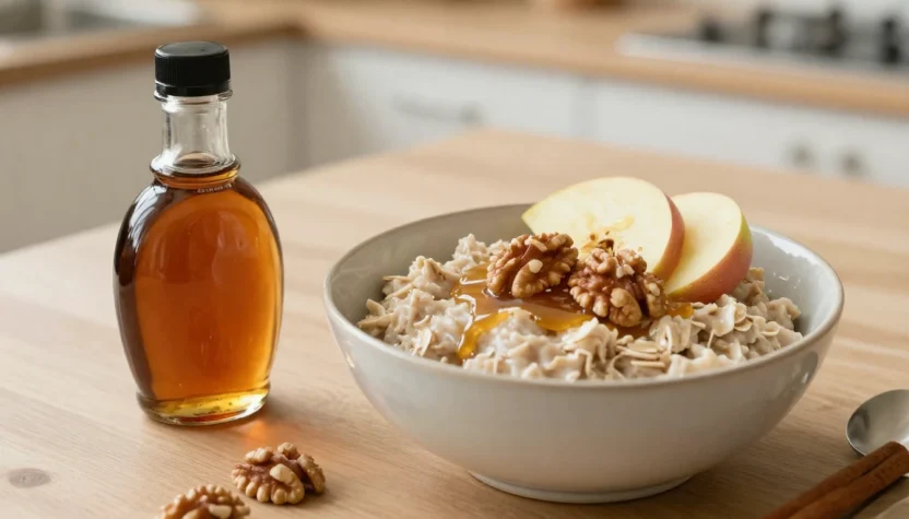 Real maple syrup with oatmeal, apples, walnuts, and cinnamon on a cozy kitchen table.