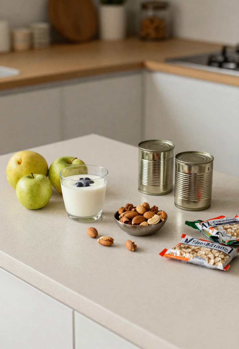 Whole foods and pantry staples arranged for reducing sugar, salt, and processed foods.