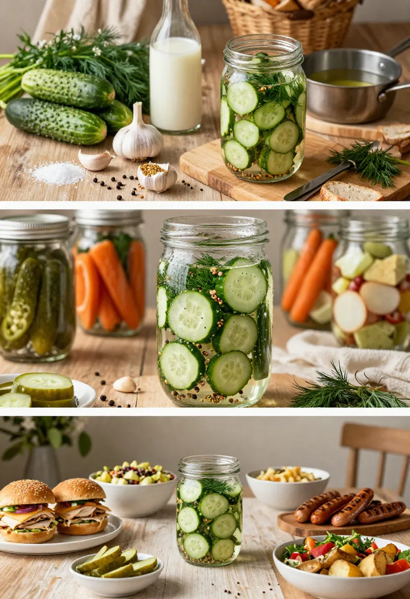 Three-panel collage showing a jar of cucumber pickles on a wooden table, surrounded by fresh veggies and kitchen ingredients.