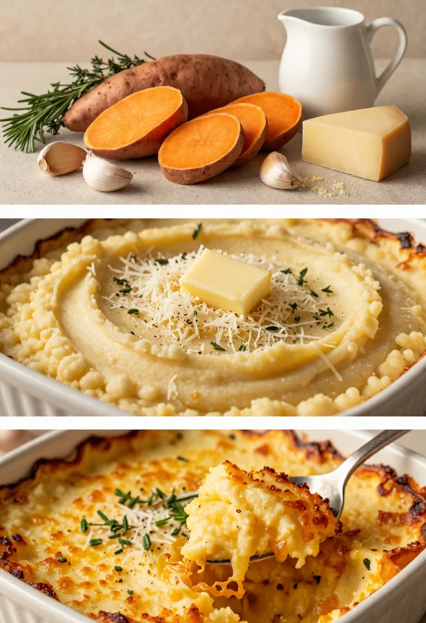 Vertical collage showing the fresh ingredients, casserole before baking, and the finished savory sweet potato casserole with a golden cheese crust.
