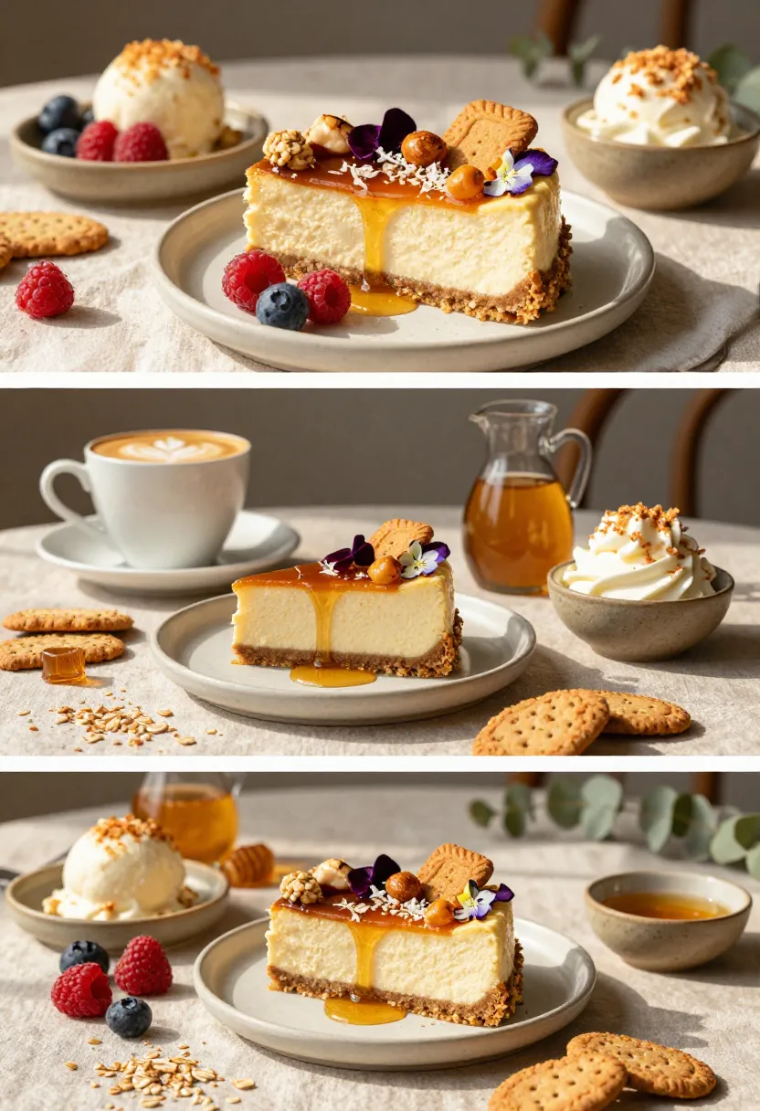 Slice of cheesecake with caramel drizzle on a crumb crust, topped with nuts, edible flowers, and cookies; berries on the side.