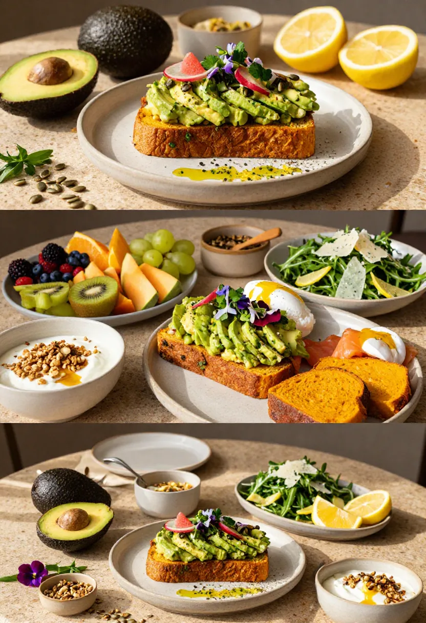 Avocado toast on a rustic plate garnished with herbs and citrus, surrounded by fresh produce and a drizzle of olive oil.