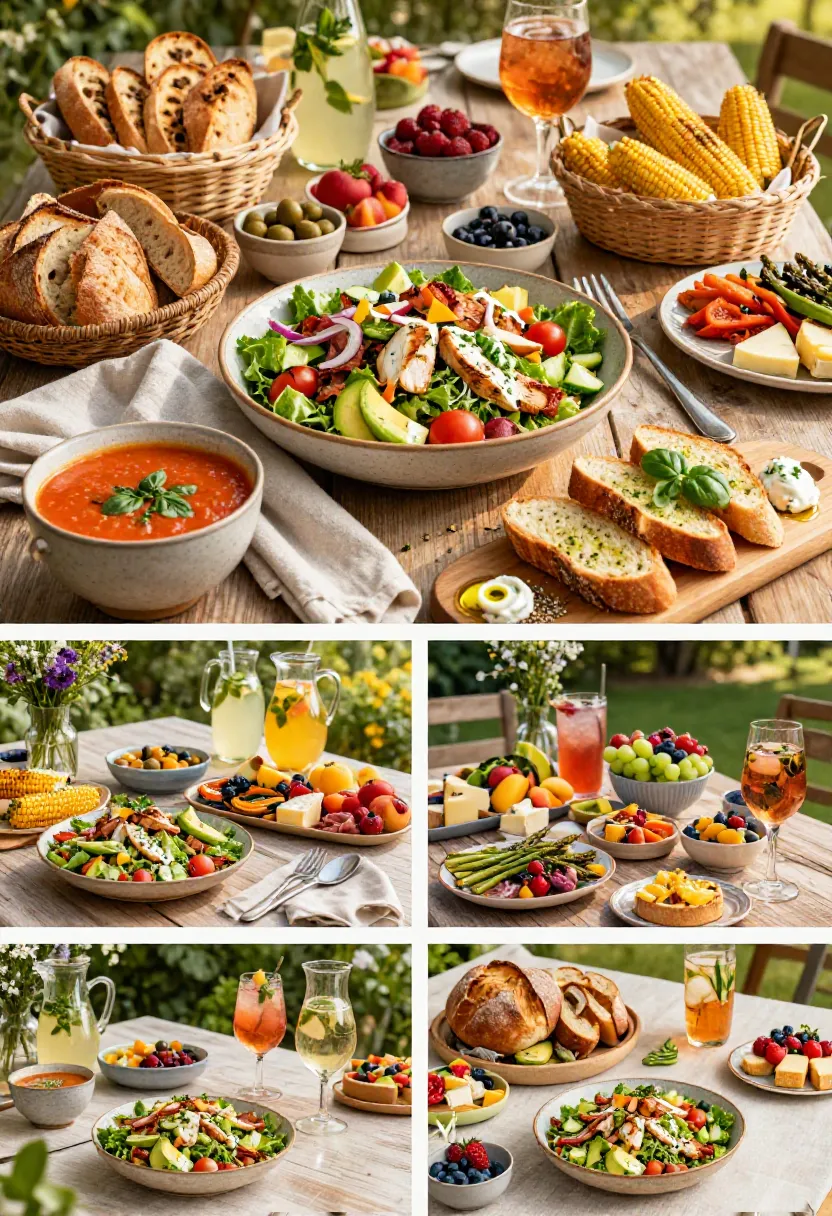 Vertical collage showing chicken bacon avocado chopped salad served with artisan bread, soup, grilled vegetables, antipasto platters, fresh fruit, and refreshing summer drinks.