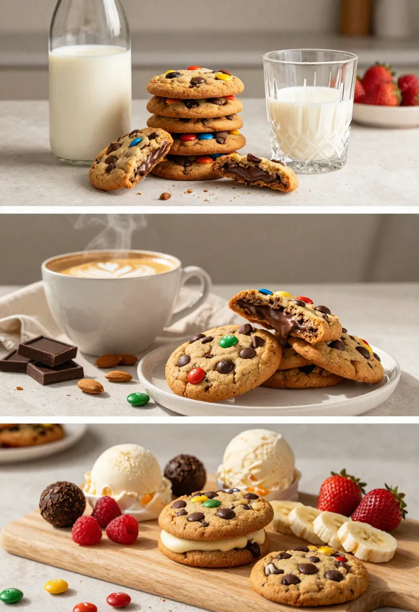 Vertical collage featuring Chocolate M&M Cookies served with milk, coffee, vanilla ice cream, and an elegant dessert board.