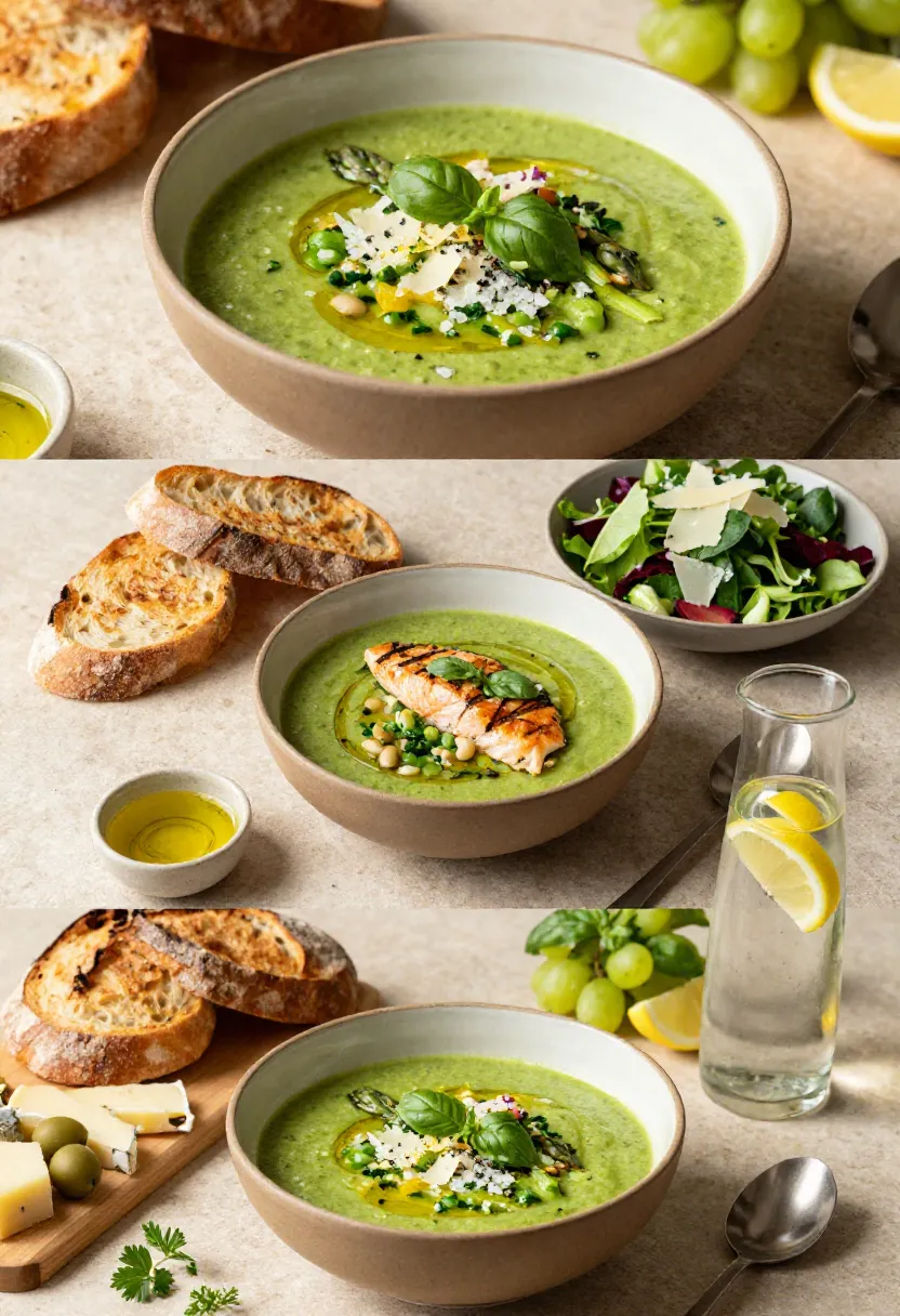 Vertical collage showing Green Minestrone Soup served with artisan bread, grilled chicken, salmon, fresh salad, and seasonal spring accompaniments.