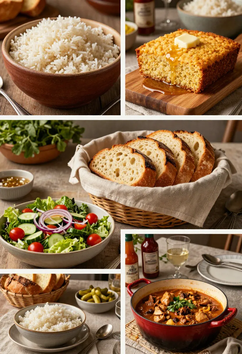 Dinner collage: bowl of white rice, cornbread with butter, crusty sliced bread in a basket, fresh green salad, and beef stew in a red pot with wine in the background.