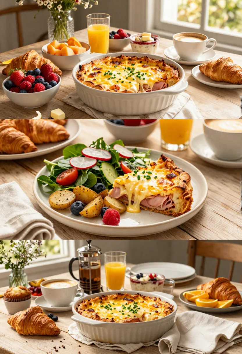 Brunch spread with cheesy quiche, croissants, berries, fruit bowls, yogurt, orange juice, and coffee on a wooden table.