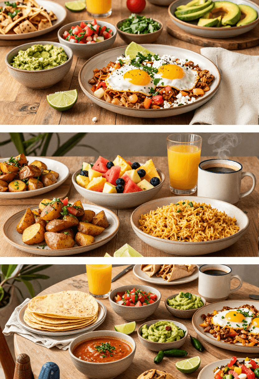 Huevos Rancheros served with guacamole, pico de gallo, roasted potatoes, fruit, and fresh brunch sides.