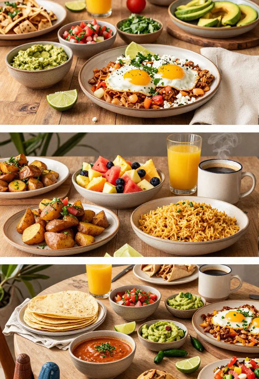 Huevos Rancheros served with guacamole, pico de gallo, roasted potatoes, fruit, and fresh brunch sides.