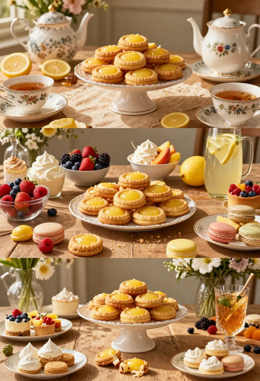 Vertical collage showing lemon thumbprint cookies served with afternoon tea, fresh berries, elegant desserts, and citrus drinks on a beautifully styled table.