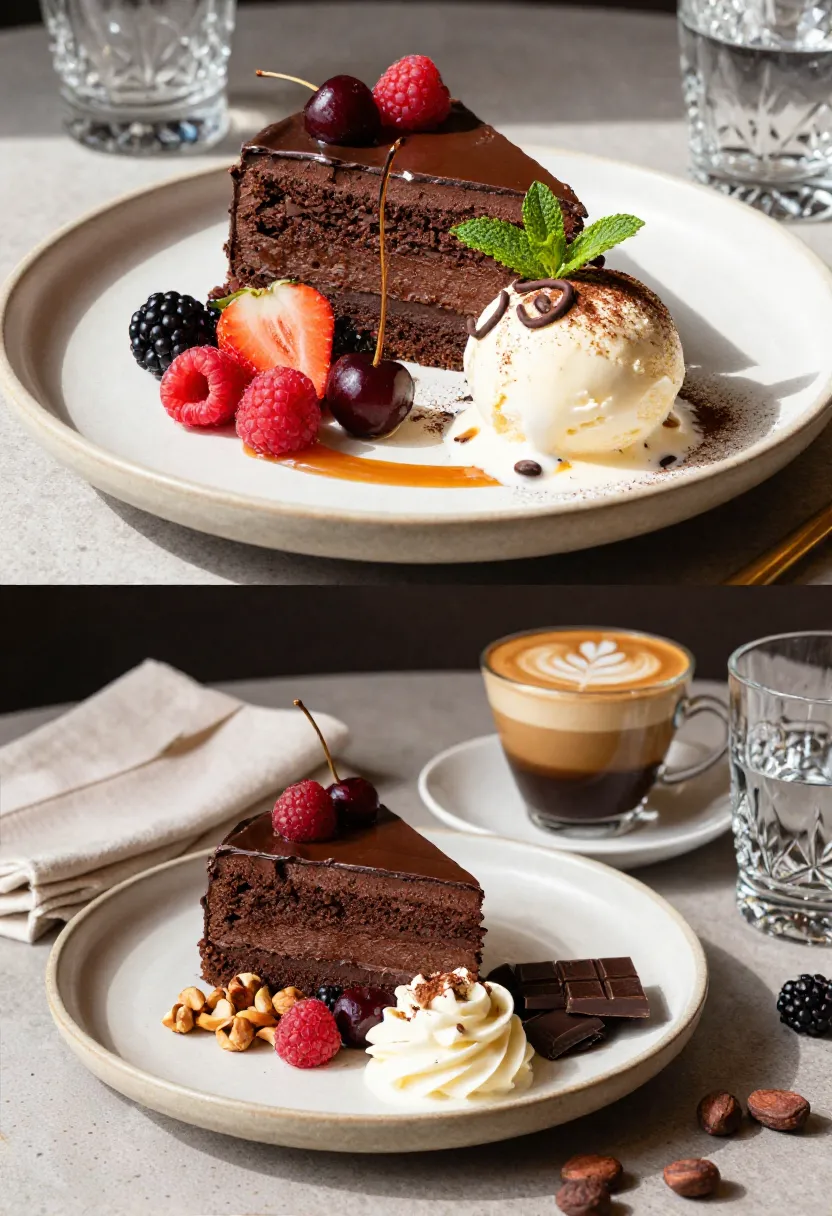 Two-part dessert plate: a chocolate cake slice with chocolate glaze, fresh raspberries and cherries, berries, mint, and a scoop of vanilla ice cream on a light plate.