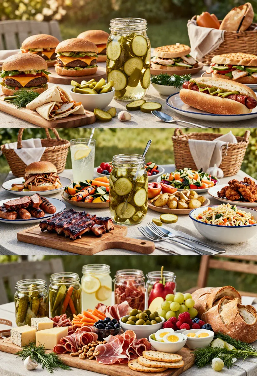 Outdoor picnic table with assorted sandwiches, cheeses, pickles, and a jar of cucumber pickles centerpiece.
