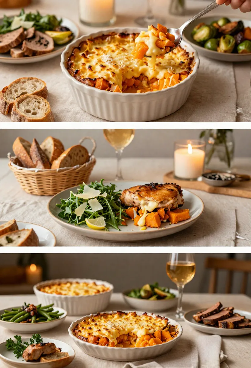 Vertical collage featuring savory sweet potato casserole served with roasted chicken, fresh salad, artisan bread, and seasonal side dishes in an elegant editorial style.
