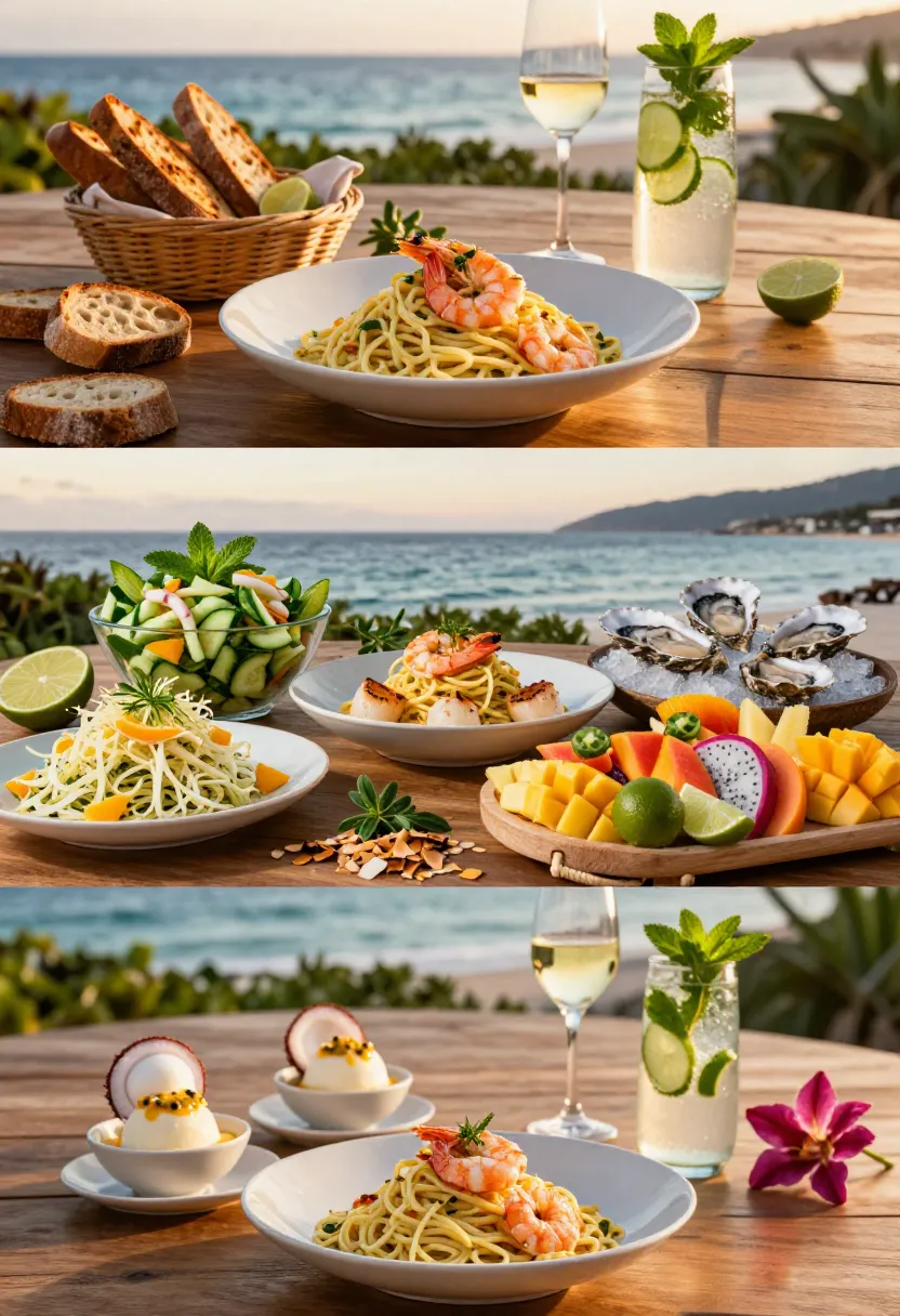Vertical collage featuring three creative variations of sea spaghetti with coconut-lime sauce, seafood, tropical fruit, and seasonal vegetables.