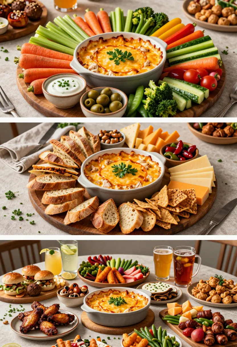 Vertical collage showing skinny buffalo chicken dip served with fresh vegetables, artisan breads, crunchy snacks, and an elegant party appetizer spread.