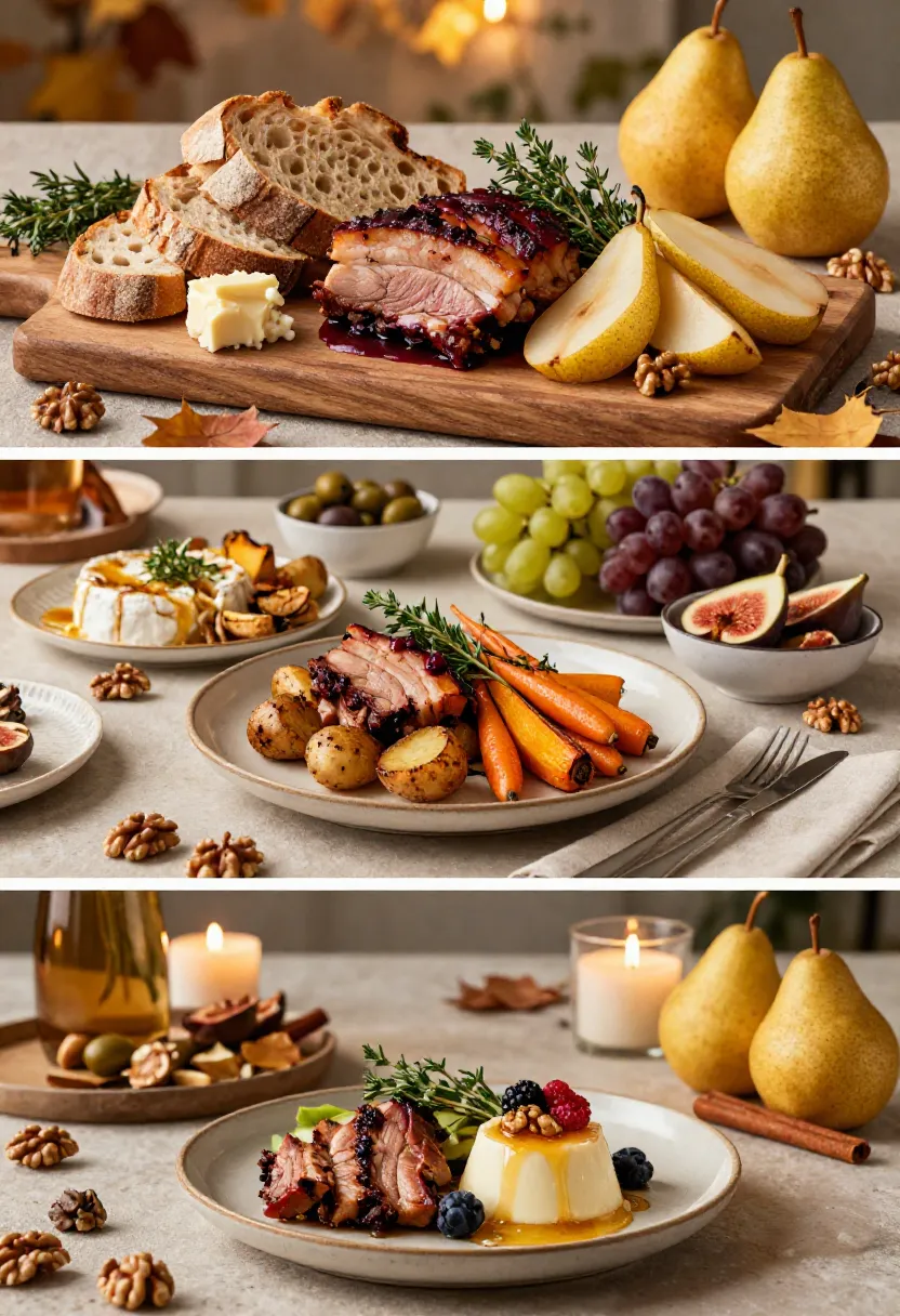 Vertical collage featuring three creative variations of slow-roasted pork belly salad with seasonal fruit, artisan cheeses, roasted vegetables, and toasted nuts.