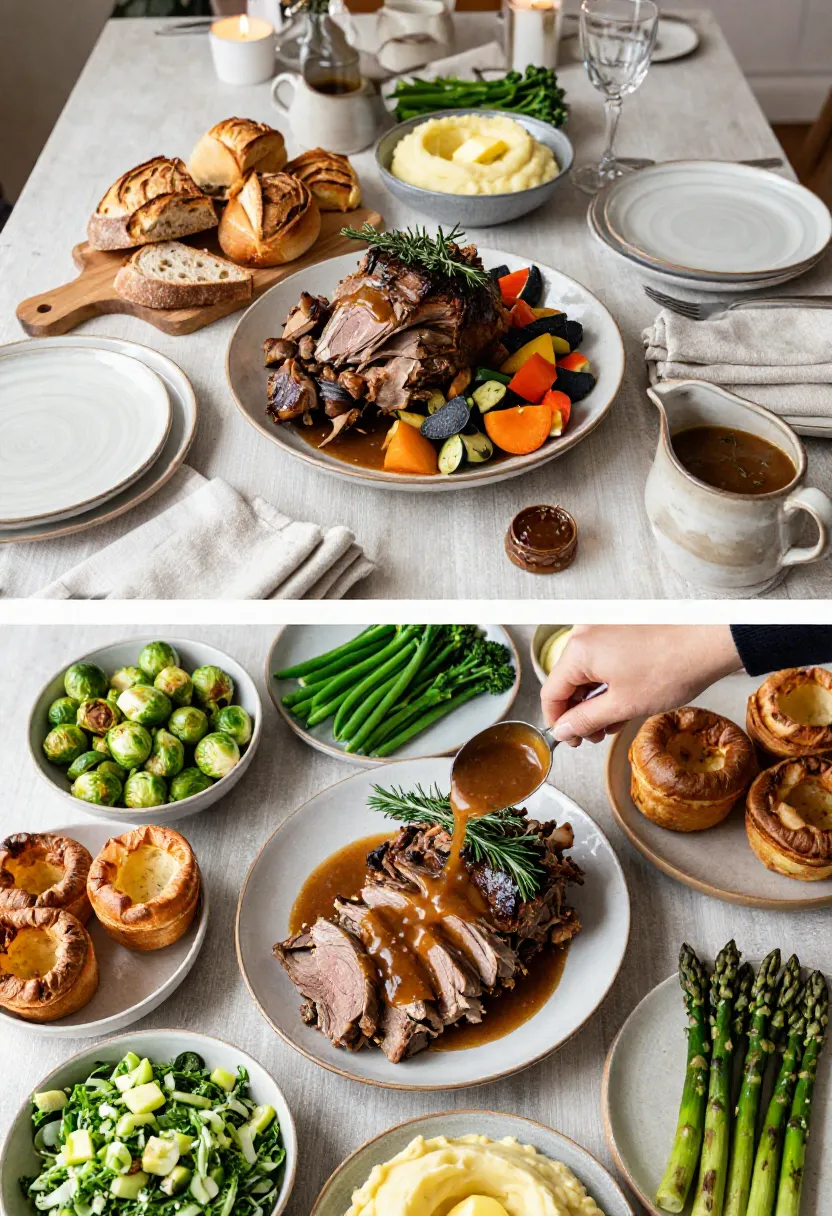 Slow Cooker Roast Lamb served with artisan bread, mashed potatoes, winter vegetables, and classic comforting side dishes.