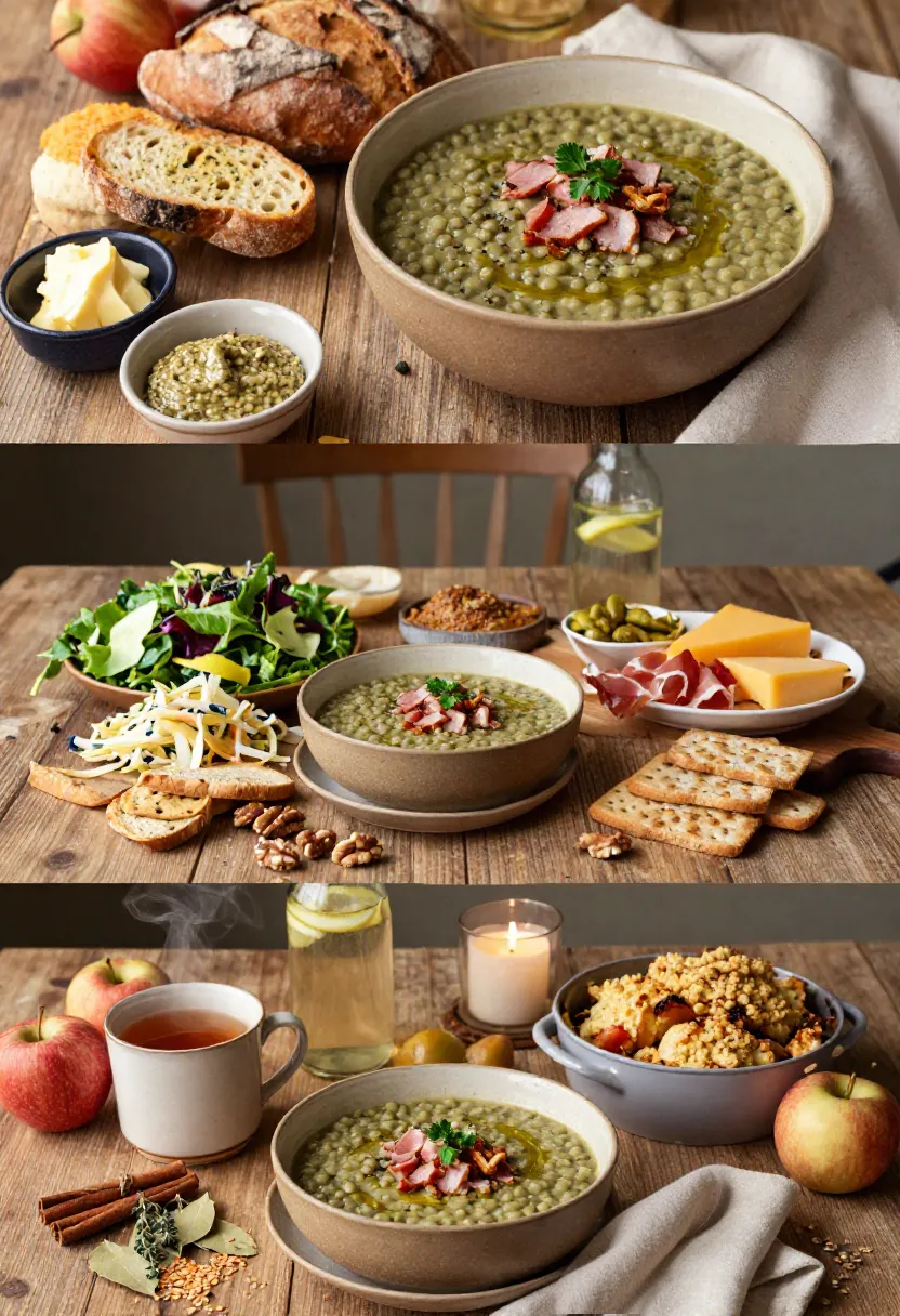 Vertical collage featuring serving ideas for split pea soup with ham, including artisan breads, fresh salads, cheese boards, and cozy winter desserts.