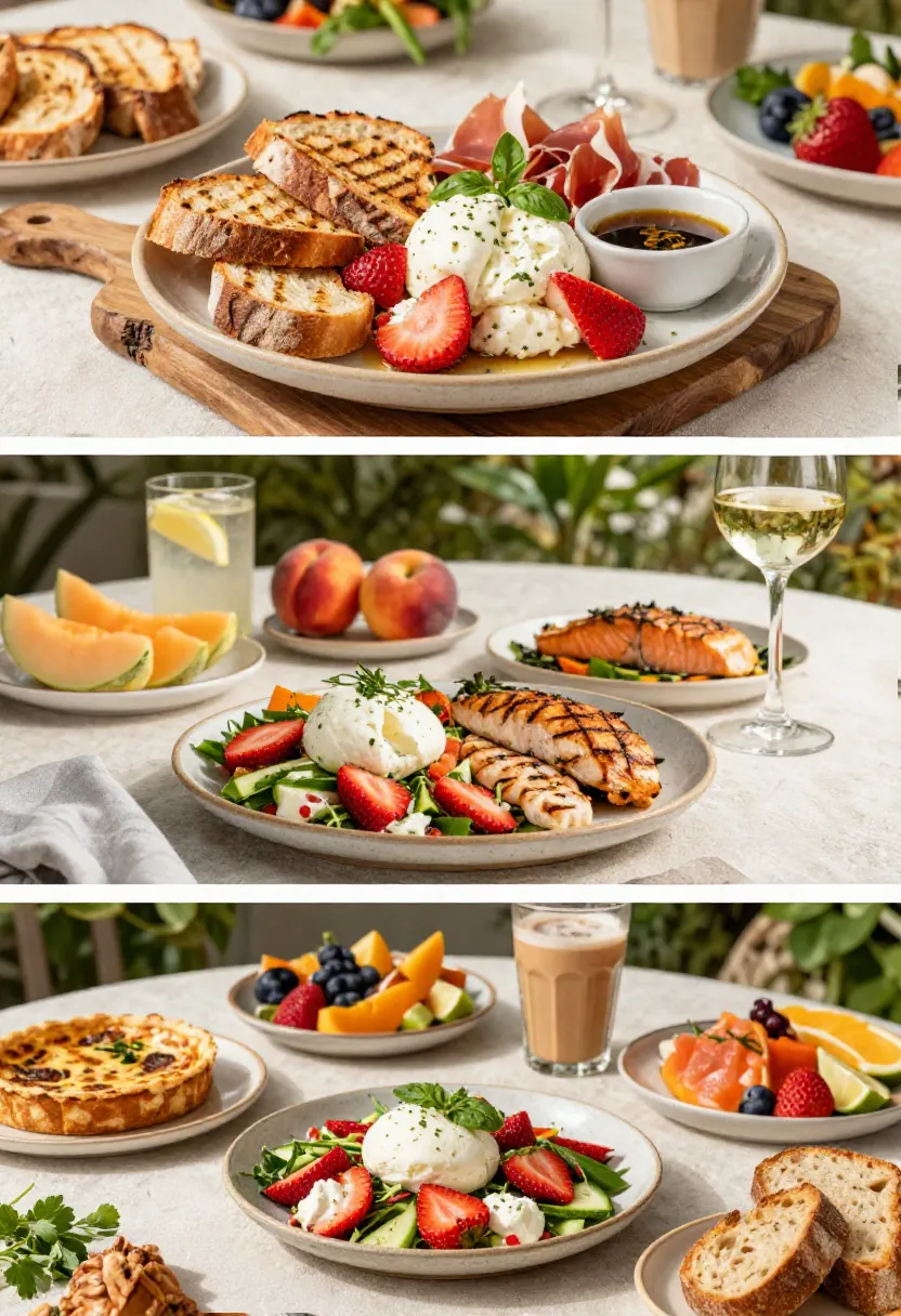 Strawberry Burrata Salad served with grilled bread, fresh fruit, salmon, chicken, and elegant summer side dishes.