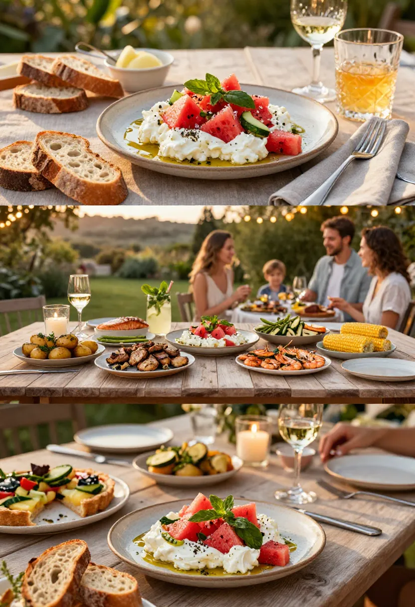 Vertical collage showing Watermelon Salad with Whipped Feta served with grilled dishes, artisan bread, and a relaxed summer outdoor dinner.