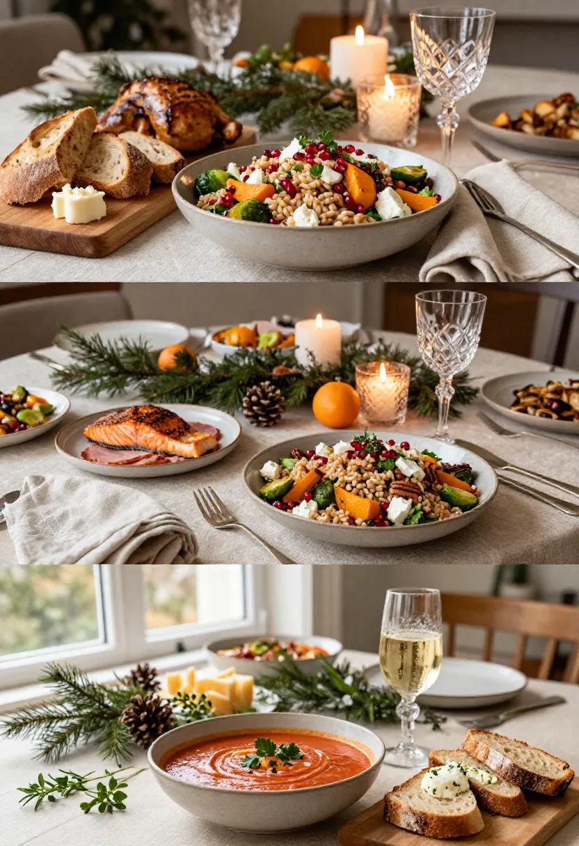 Vertical collage showing Winter Farro Salad served with roast chicken, holiday dishes, and artisan bread for cozy winter meals.