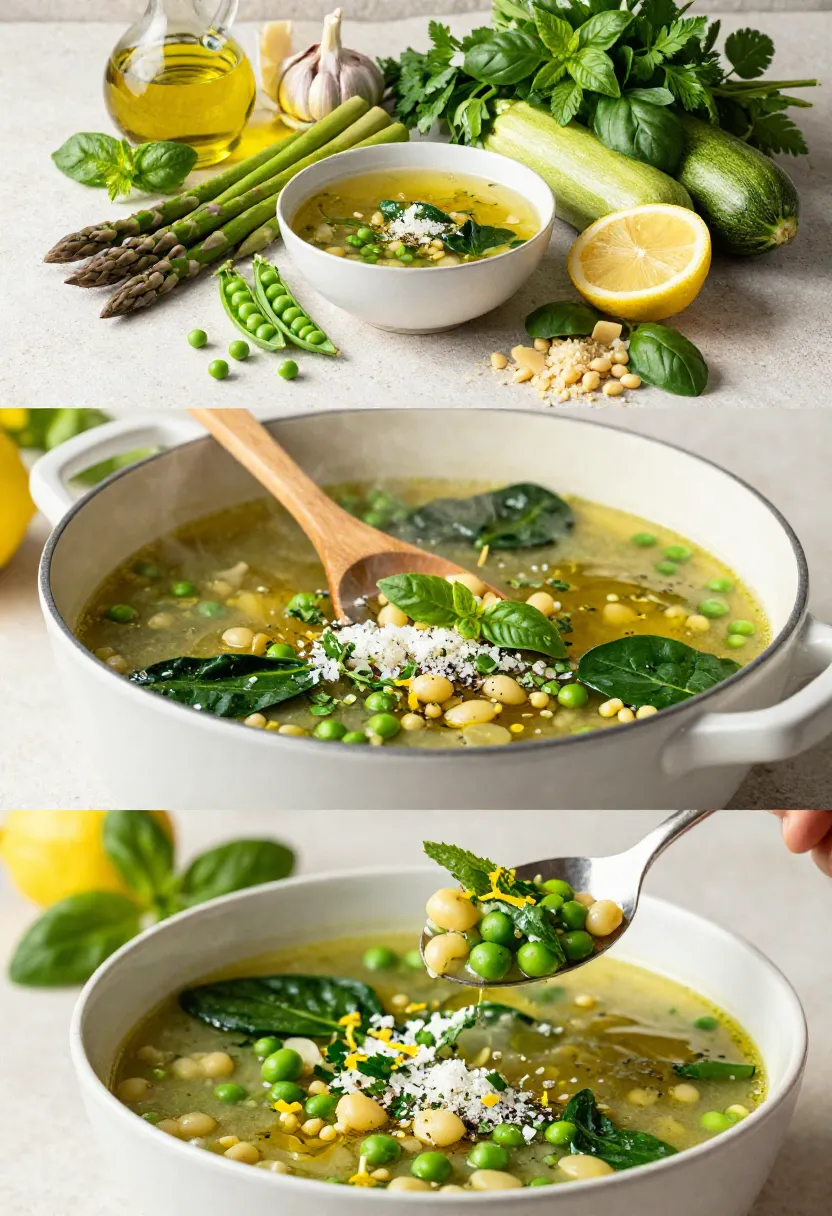 Vertical collage showing fresh spring vegetables, Green Minestrone Soup simmering, and a colorful spoonful of soup with herbs and Parmesan.