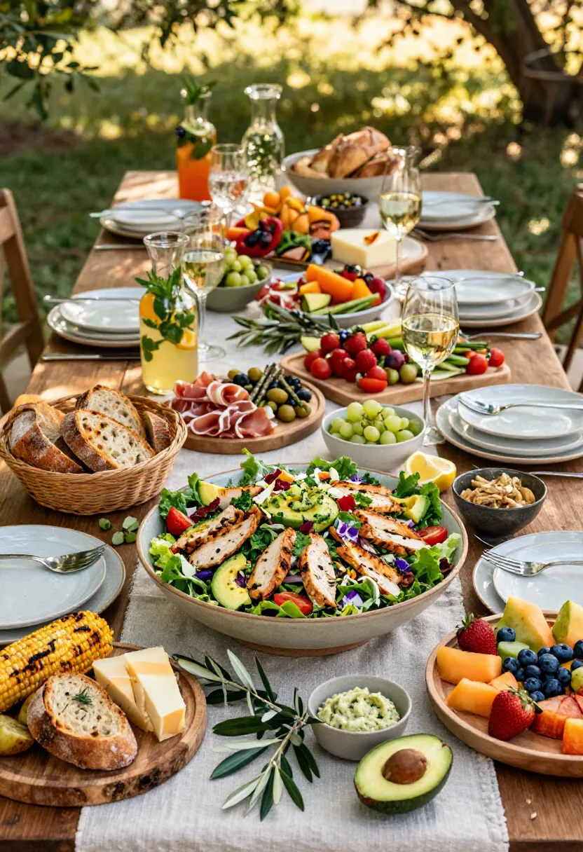 Outdoor wooden table full of food for a garden meal: large salad with chicken, fruits, bread, cheese, and drinks arranged along a tablecloth.