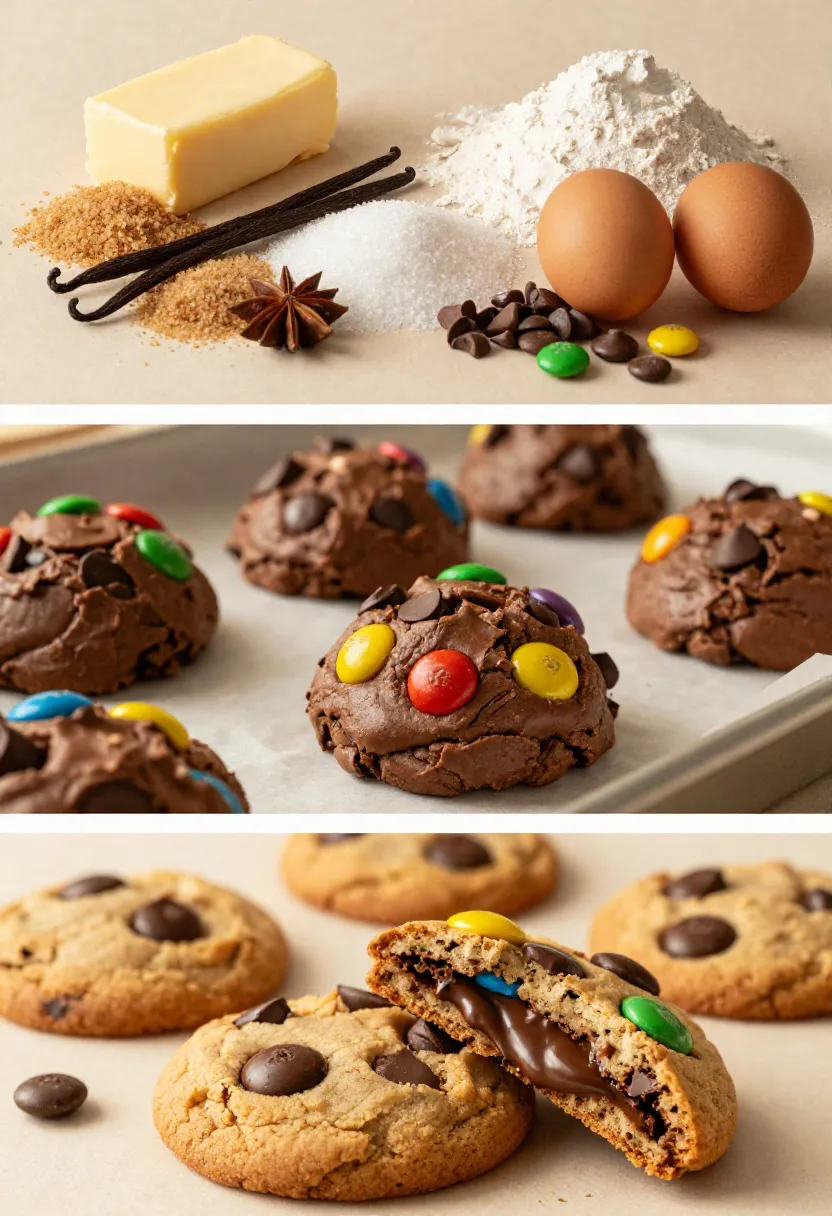 Vertical collage showing baking ingredients, chocolate M&M cookie dough, and freshly baked cookies with gooey chocolate centers.