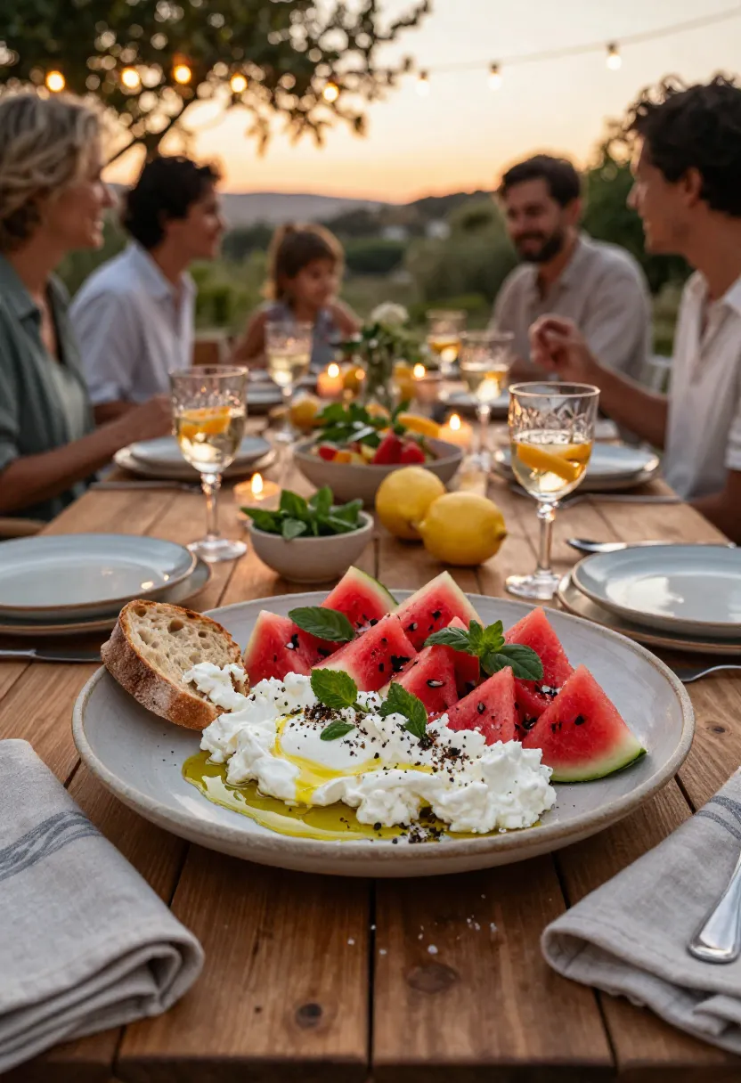 Watermelon Salad with Whipped Feta served on a handcrafted platter during a cozy summer evening gathering with family and friends.