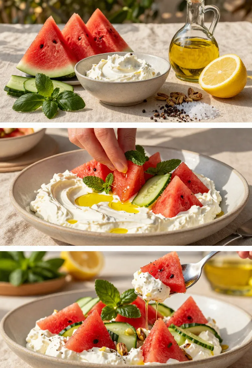 Whipped feta salad with watermelon, cucumber, mint, and a honey drizzle on a sunny table.