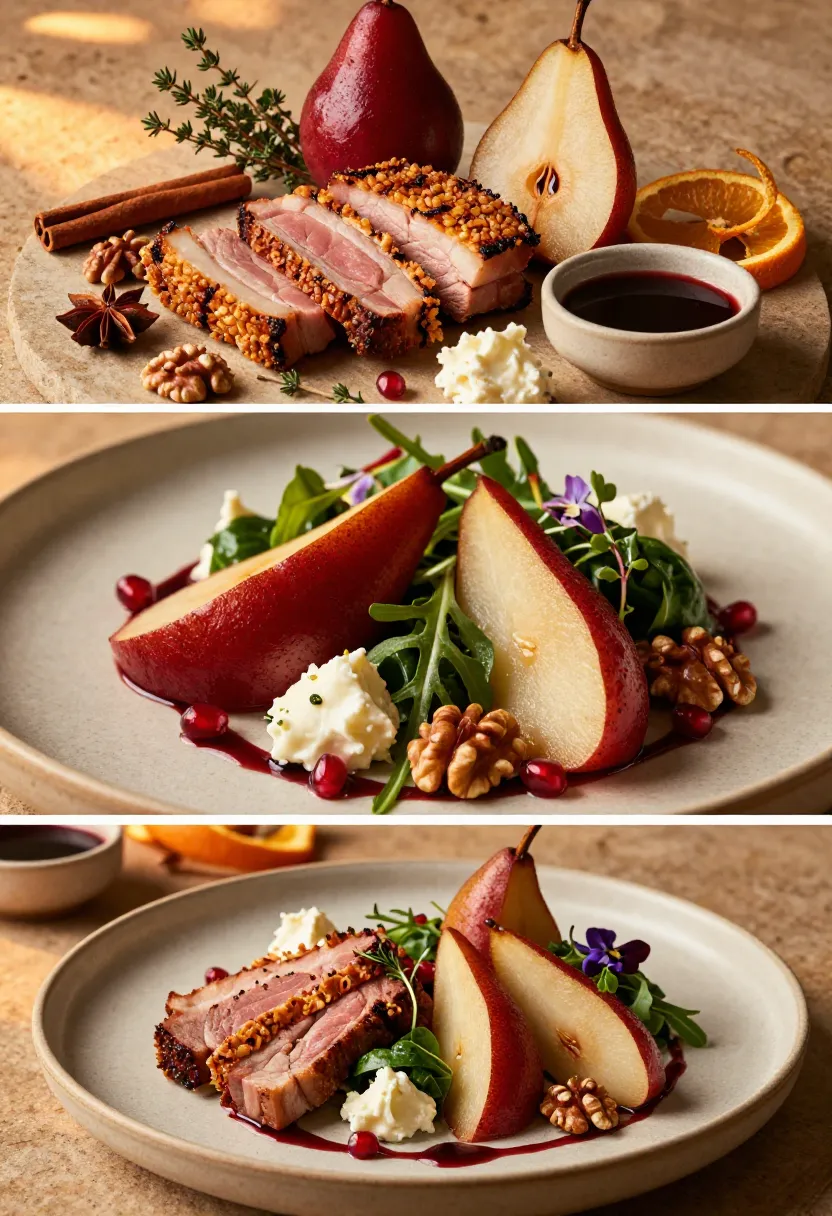 Vertical collage showing the ingredients, contrasting textures, and elegant restaurant-style presentation of slow-roasted pork belly and red wine poached pear salad.