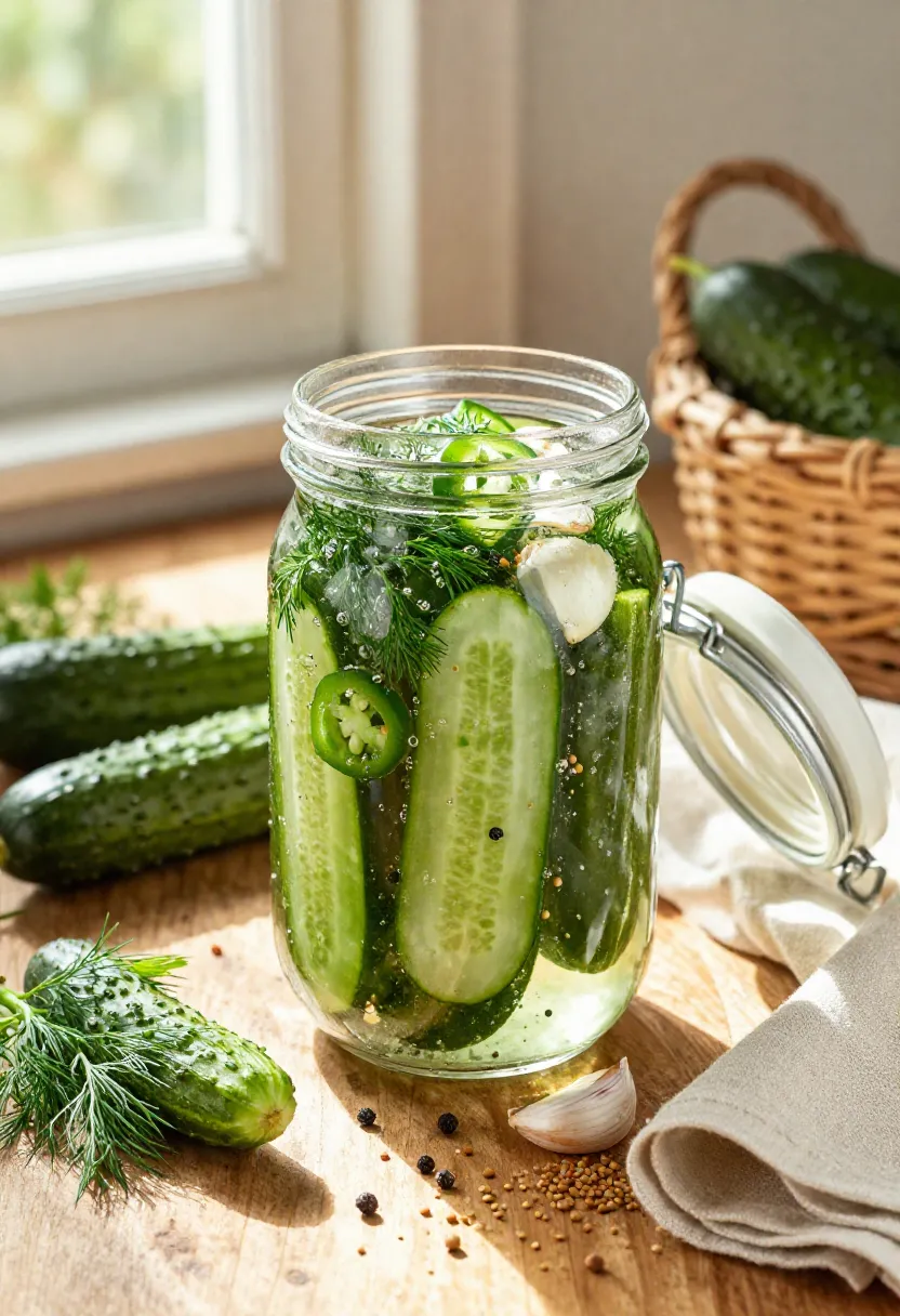 A large glass jar of homemade refrigerator pickles with crisp cucumbers, fresh dill, garlic, and crystal-clear brine on a rustic farmhouse table.